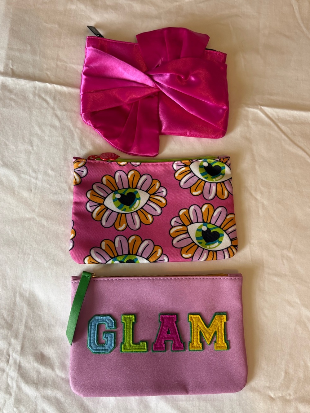 Set of 3 Pink Cosmetic Pouches with Bow & 'GLAM' Patch